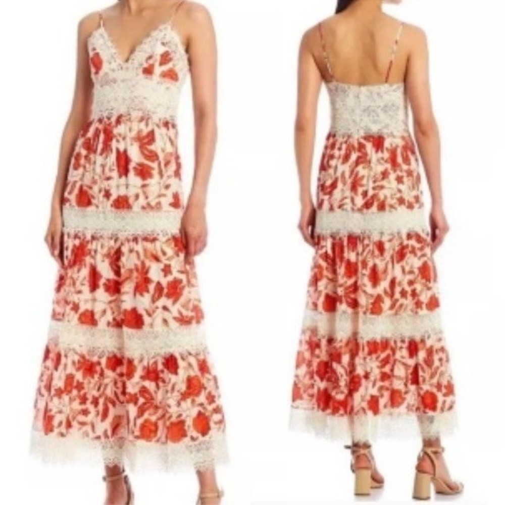 Antonio Melani Bright Orange Floral & Lace Tiered Maxi Sun Dress, Lined, Sz 10 - Picture 2 of 7